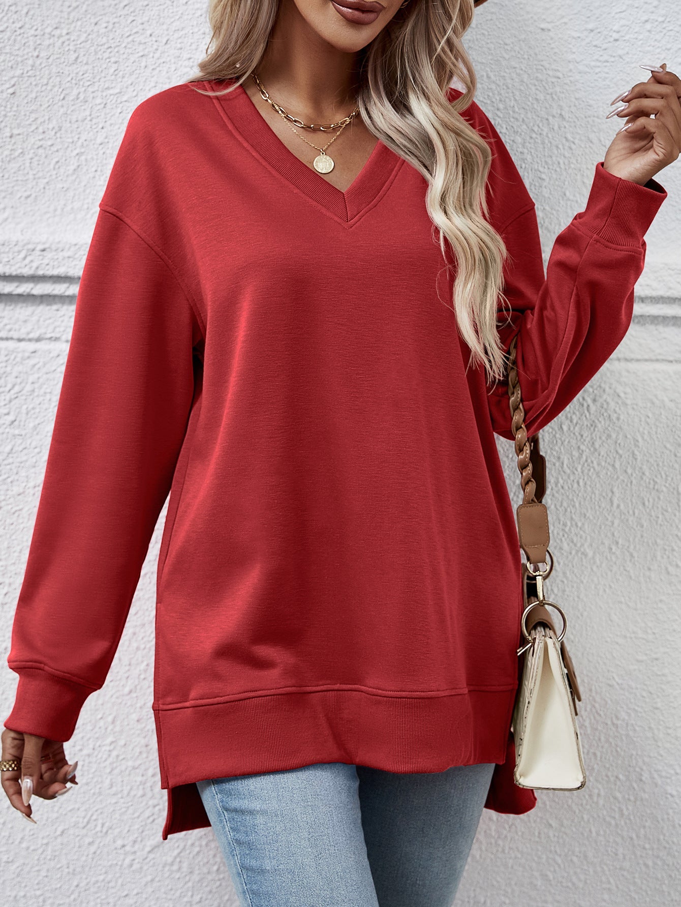 Causal Style V-neck Split Front Short Back Long Sweater