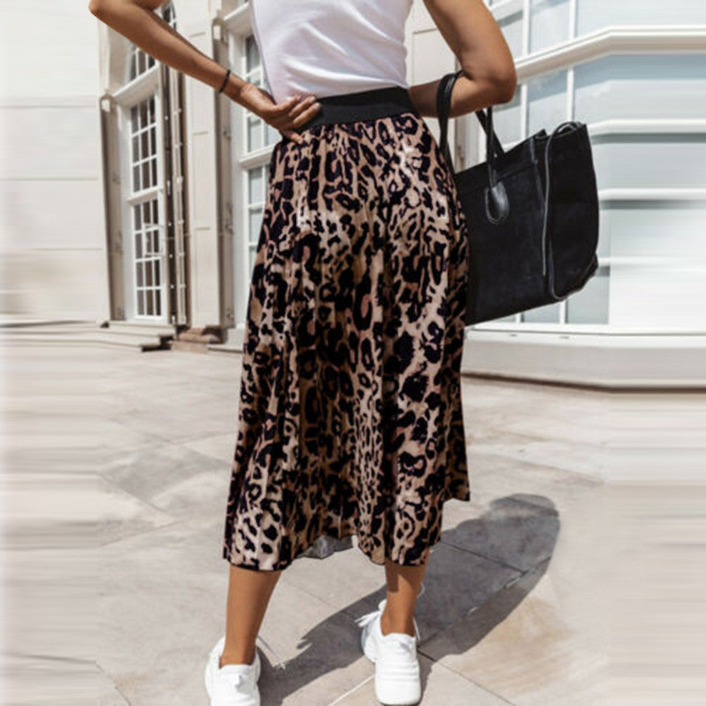 Wild Spirit Leopard Print High-Waist Pleated Midi Skirt