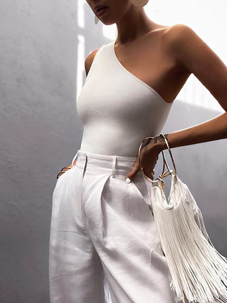 One Shoulder Solid Color Bodycon Top