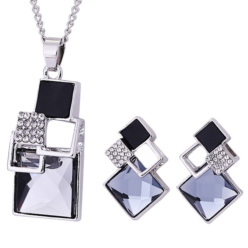 Diamond Square Two-Tone Crystal Two-piece Set  - Earring & Necklace