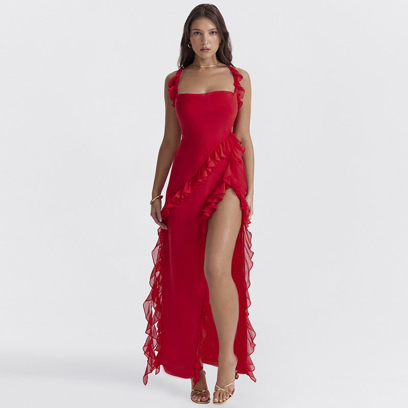 Ruffle Thigh High Split Spaghetti Strap Dress