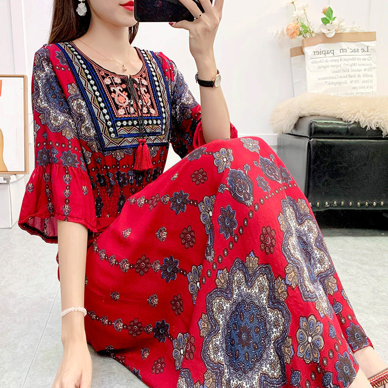 Artsy Crew Neck Ruffle Half Sleeve Silky Dress