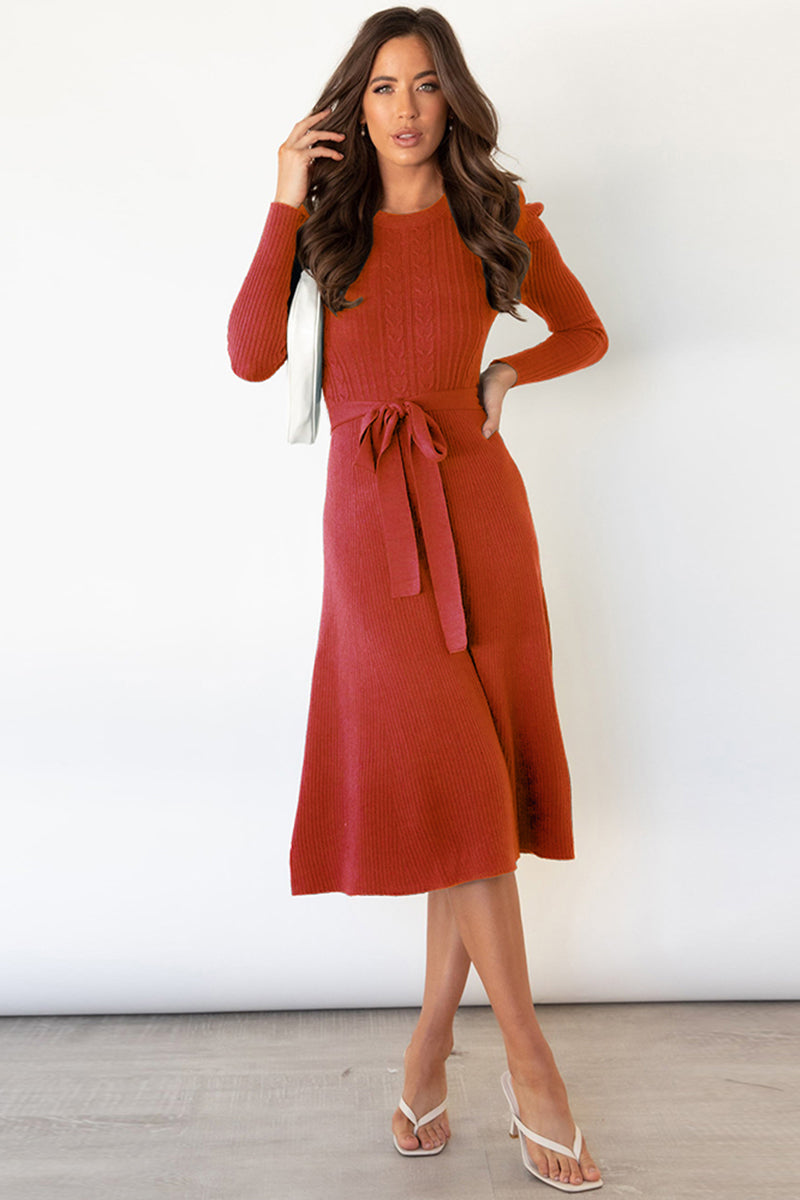 Round Neck Long Sleeve Tie Waist Midi Sweater Dress
