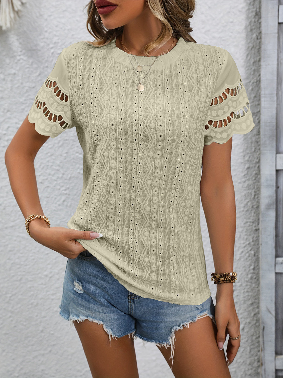 Eyelet Embriodery Round Neck Short Sleeve Top