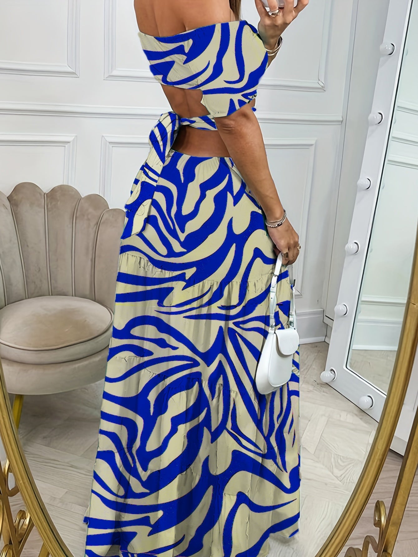 Floral Summer Ruffle Maxi Dress with Hollow Waist Design & Short-Sleeved