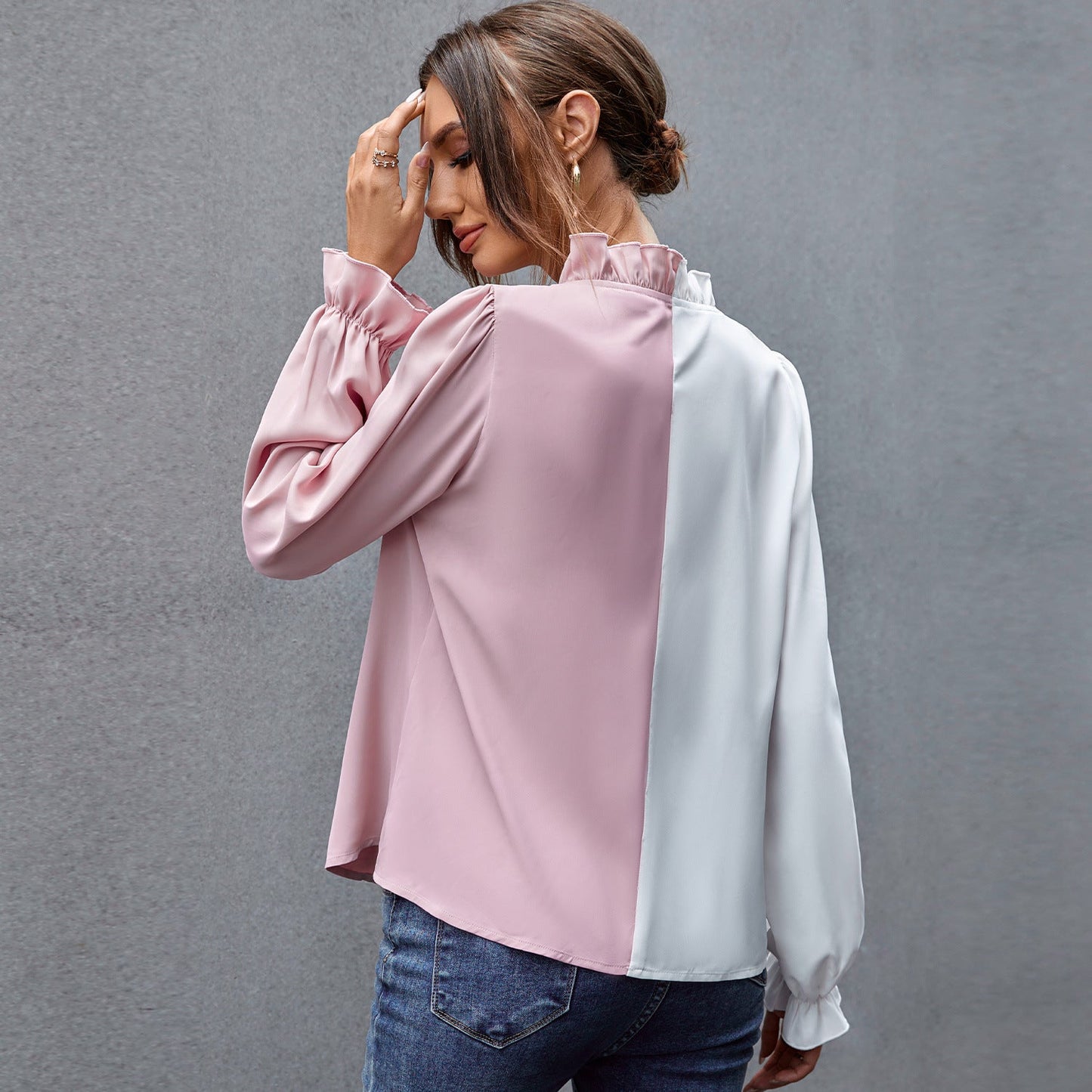 Two Tone  V-neck Ruffle Blouse with  Lotus leaf Sleeve