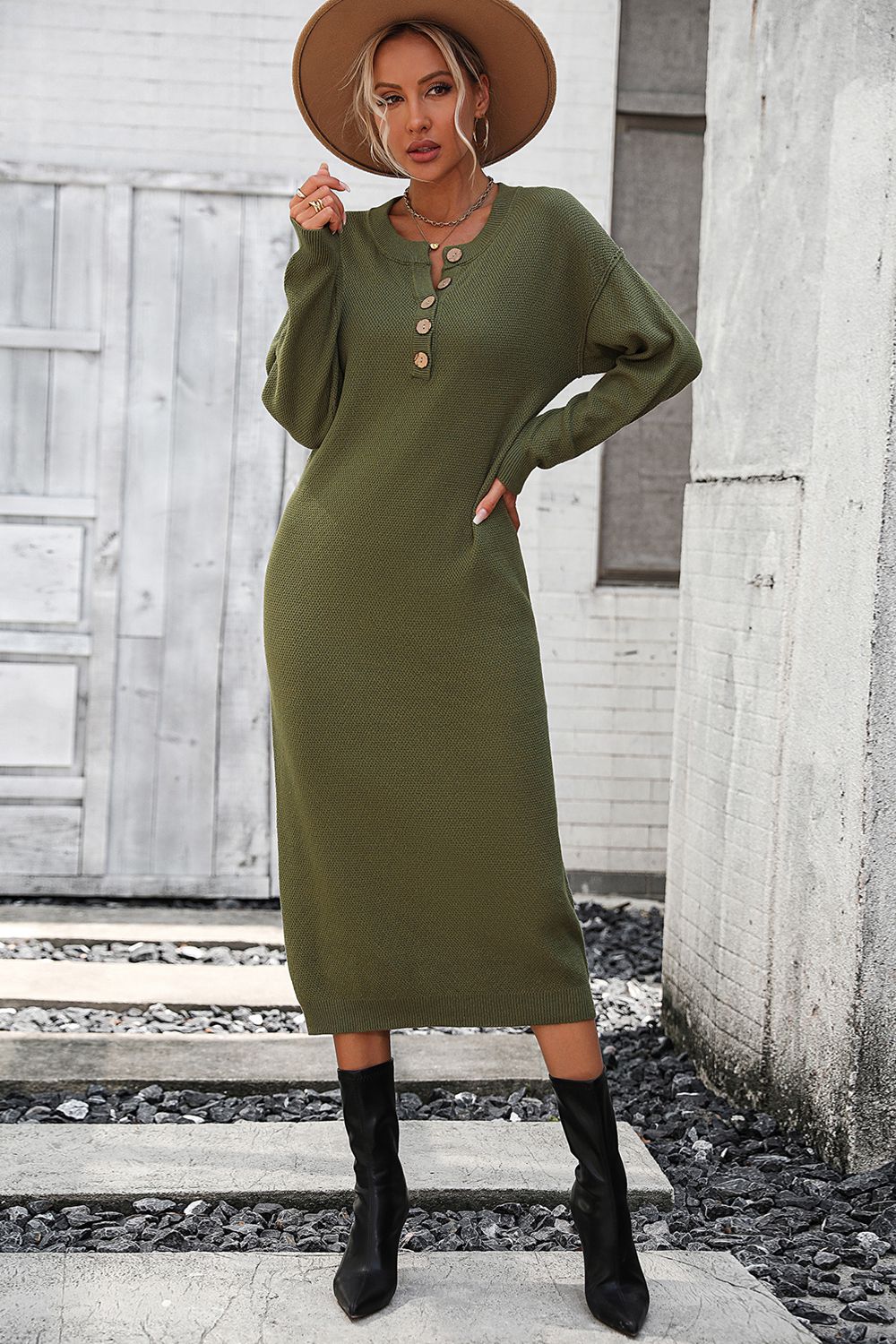 Decorative Button Notched Dropped Shoulder Long Sweater Dress