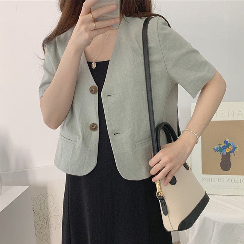 Simple Deep V-neck Cotton Linen Casual Jacket