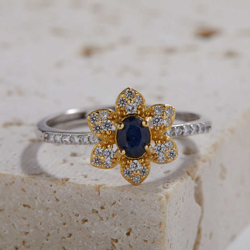 Natural Sapphire Flower Ring Inlaid with Sparkling Gems. - Adjustable to All Sizes.
