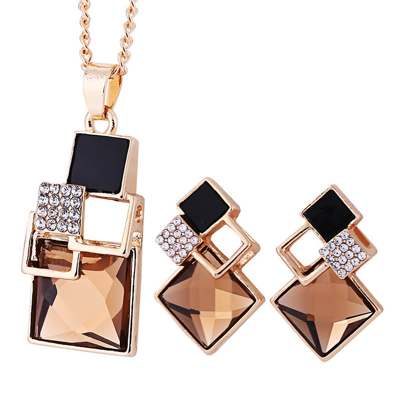 Diamond Square Two-Tone Crystal Two-piece Set  - Earring & Necklace