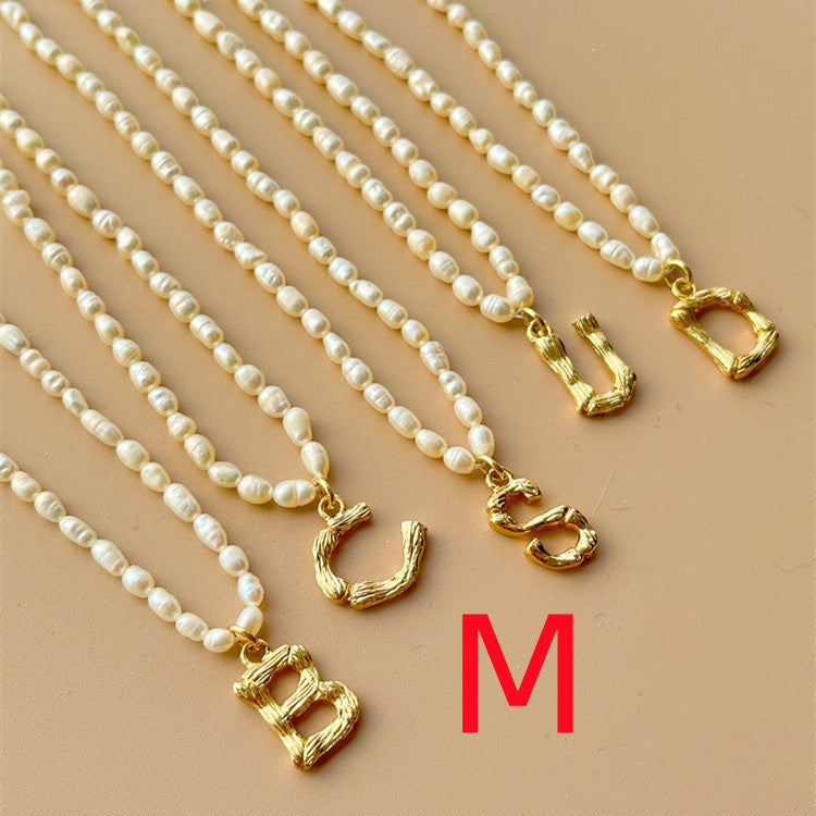 Custom Personalized Natural Freshwater Grain Pearl Letter Necklace Vintage Classic.