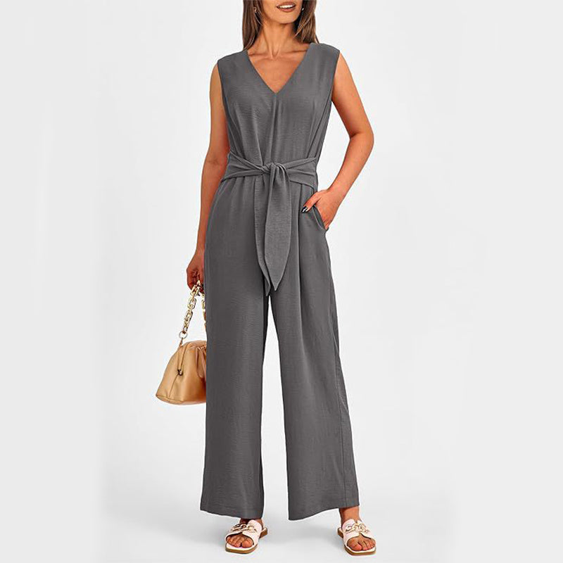 Summer Women V-neck Long Wide-Leg  Jumpsuit w/ Pockets