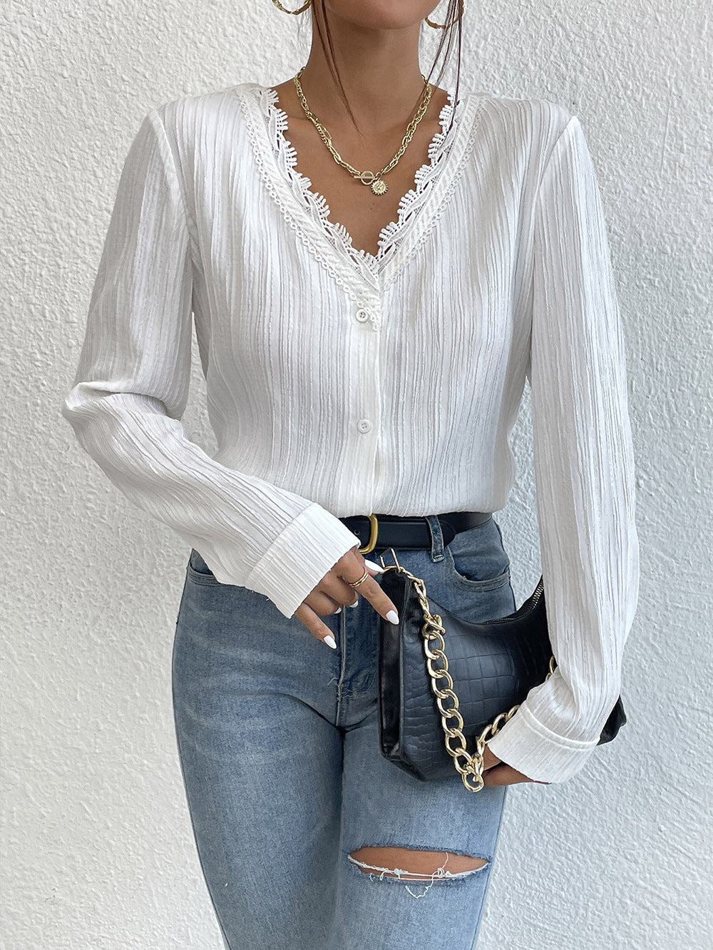 Modern Button-Up Lace Trimmed Shirt