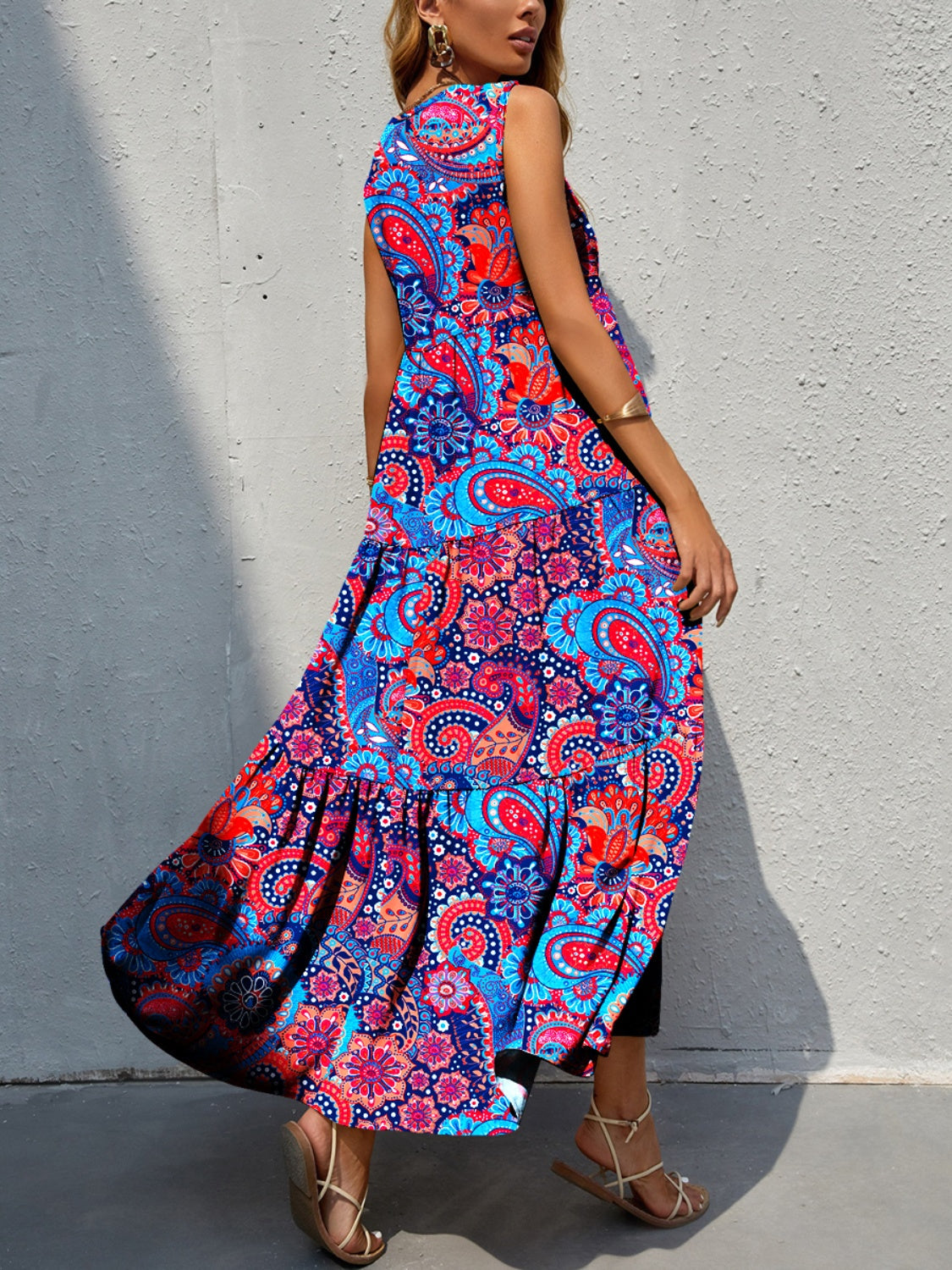 Summer Vibe Tiered Printed V-Neck Sleeveless Dress