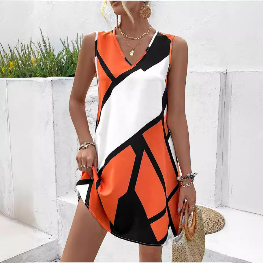 Modern 3D Print Mil Silk Dress Sleeveless with V-neck & Loose Waist