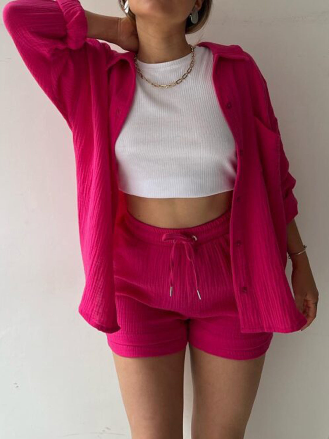 Casual Texture Button-Up Shirt and Drawstring Shorts Set