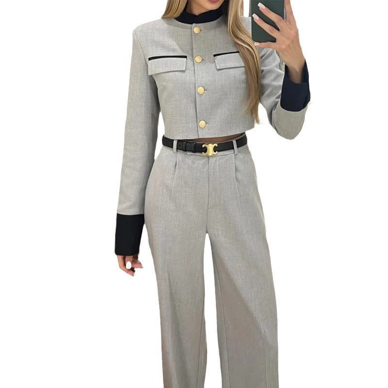 Bold Gray Buttoned Top Wide-leg Pants  2 Piece Set