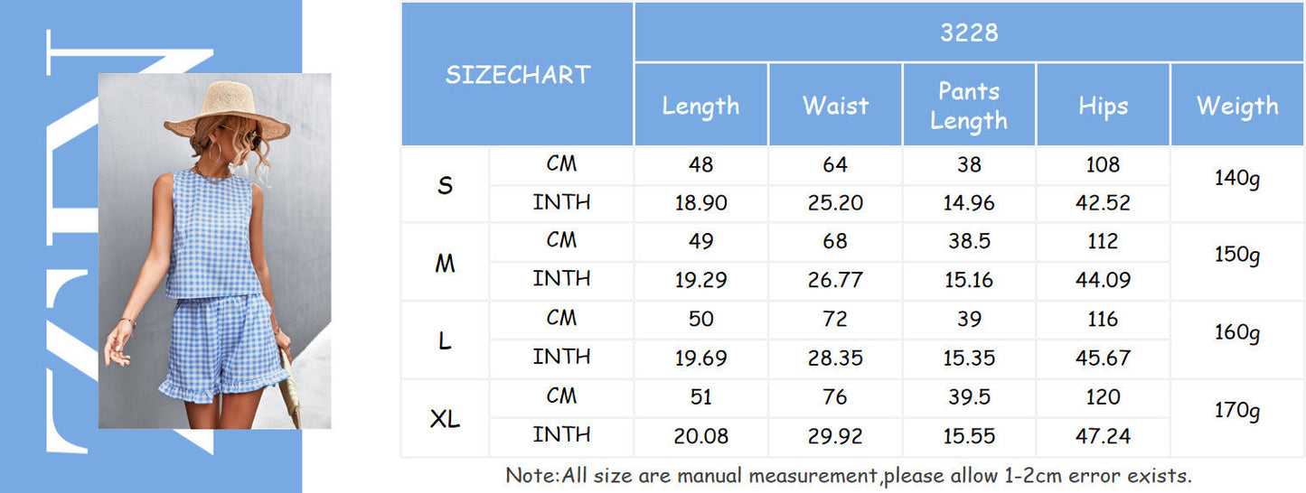 Ruffles Black White Plaid Casual Sleeveless Shorts Set