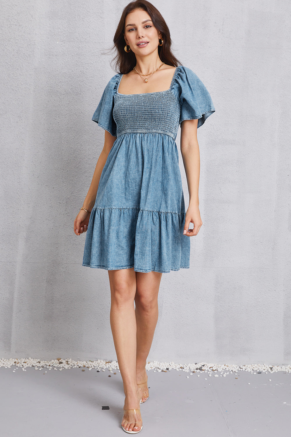 Smocked Perfection Square Neck Mini Denim Dress