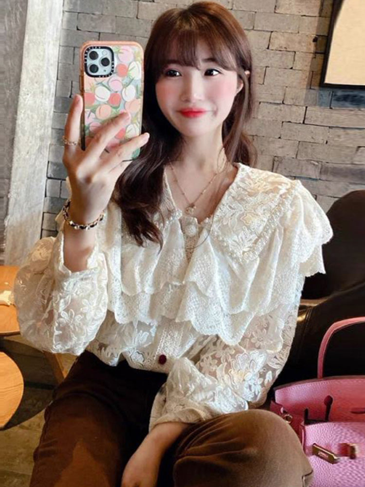 Chic Design Sense Niche V-Neck Lace Blouse  Layered  Ruffles Hem