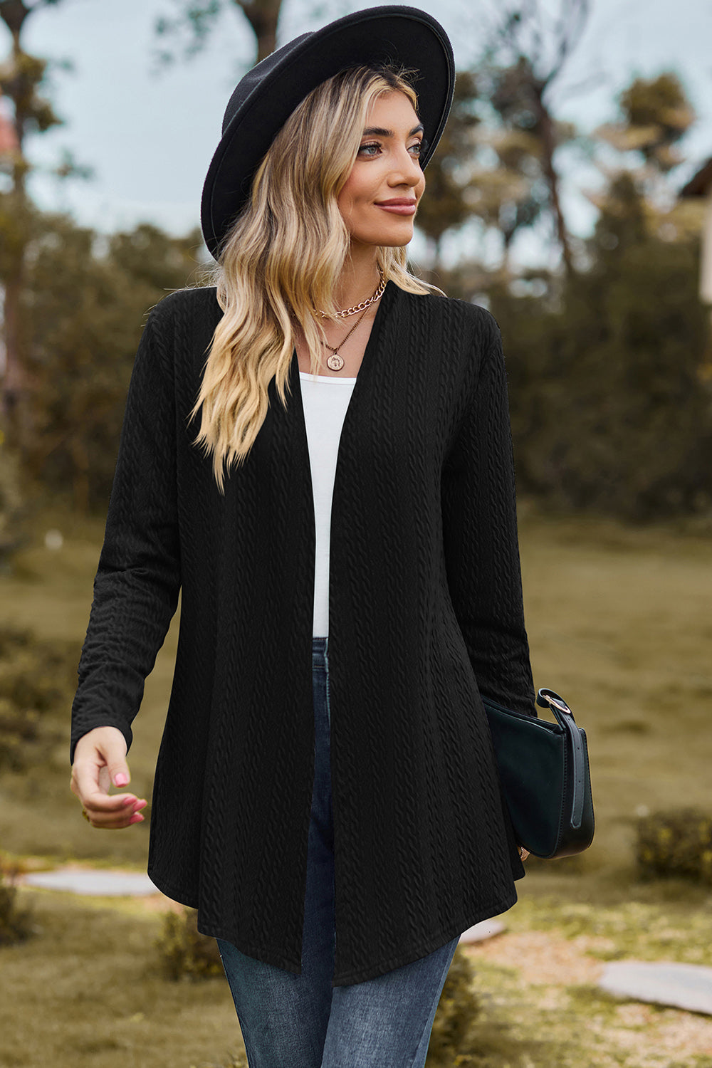 Classic Design Textured Open Front Long Sleeve Cardigan