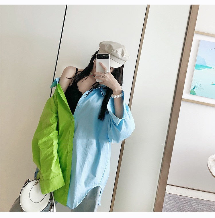 Two Tone Loose Fit Button Down Long Sleeve Shirt