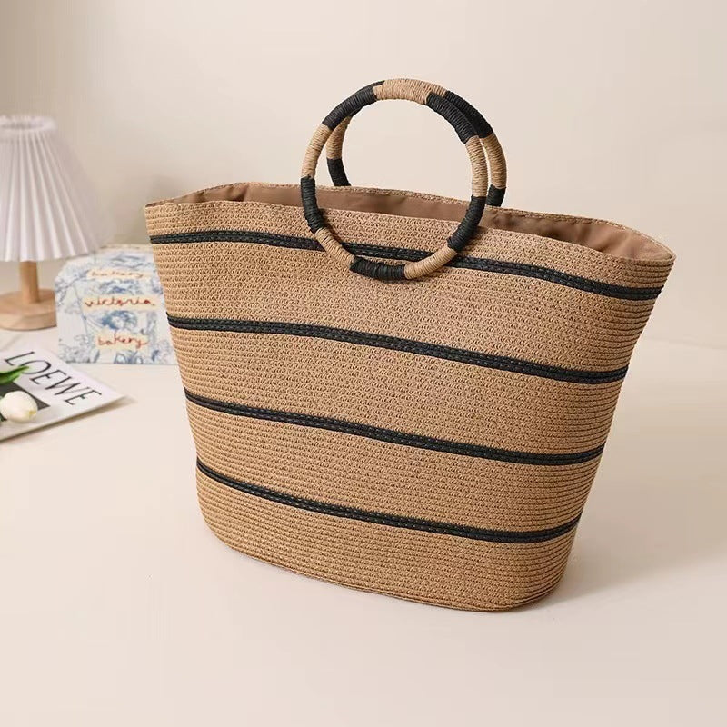Large Capacity Round Handle Woven Summer Beach Bag