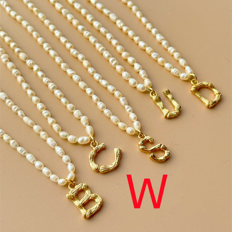 Custom Personalized Natural Freshwater Grain Pearl Letter Necklace Vintage Classic.
