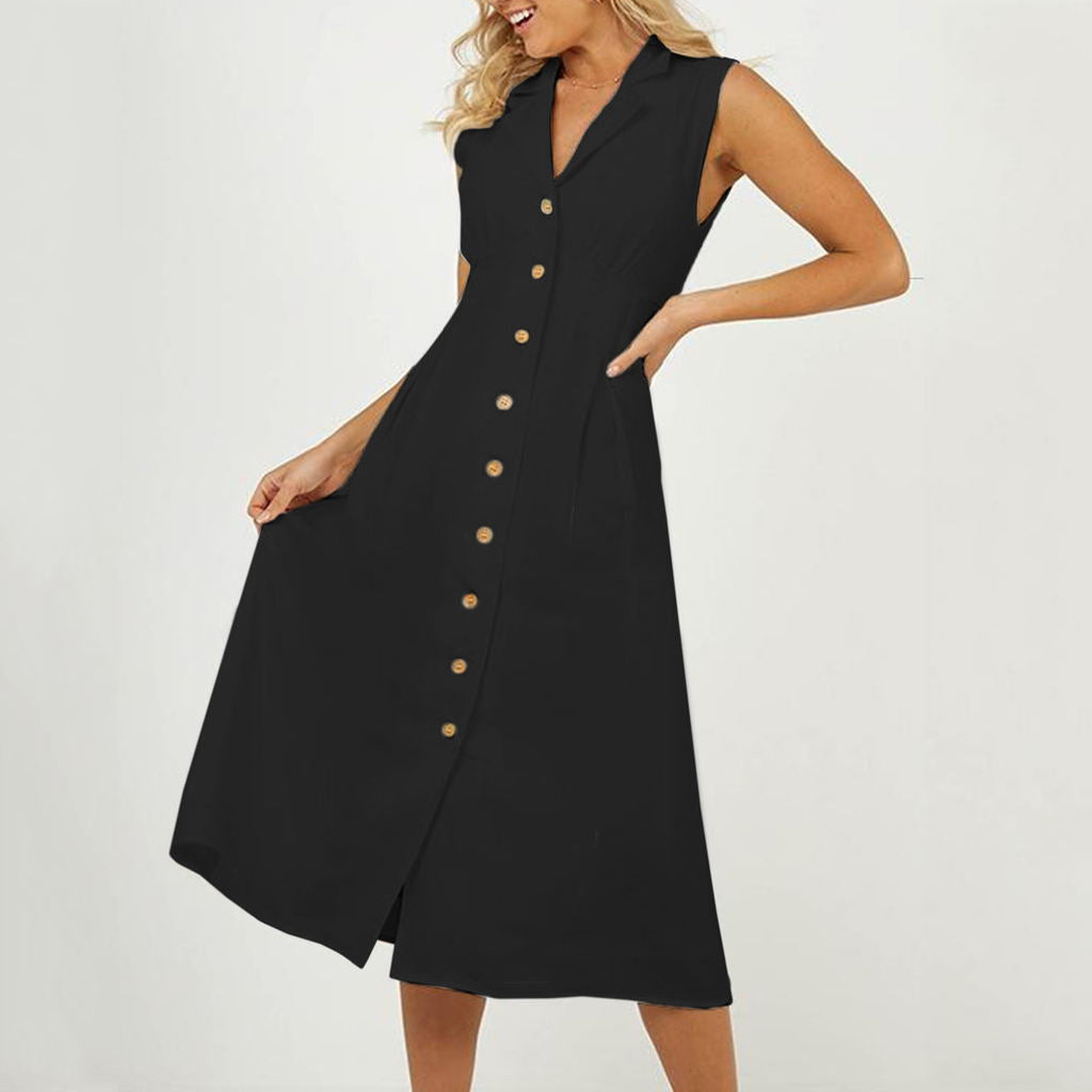 Gold Button Linen Casual Dress