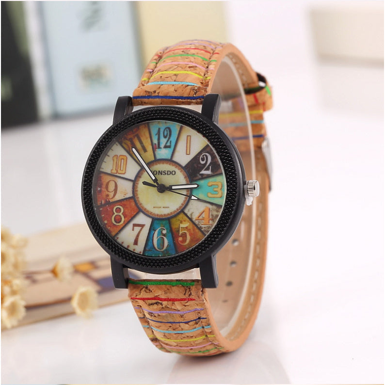 Colorful Vintage Quartz Wrist Watch with Leather Band