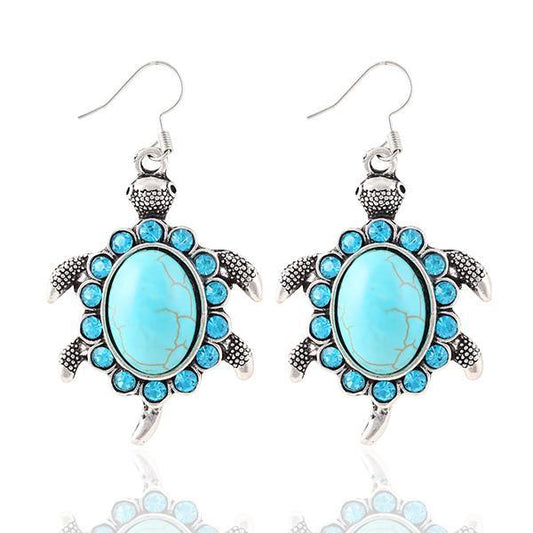 Cute Boho Turquoise Stone Turtles Drop Hook Earrings.