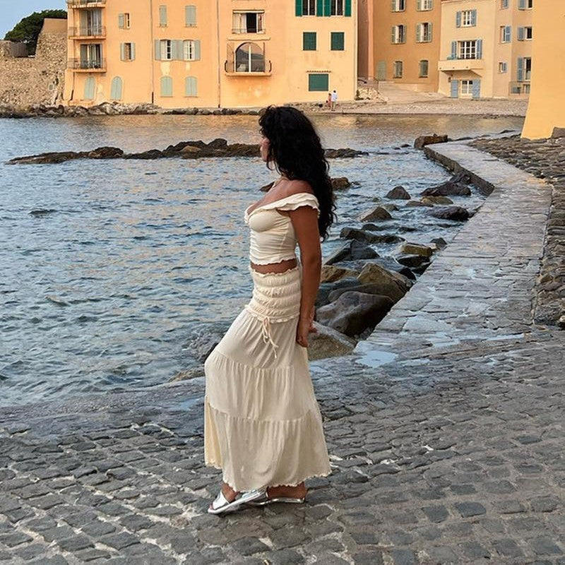 French Peasant Style V-neck Top Skirt Set