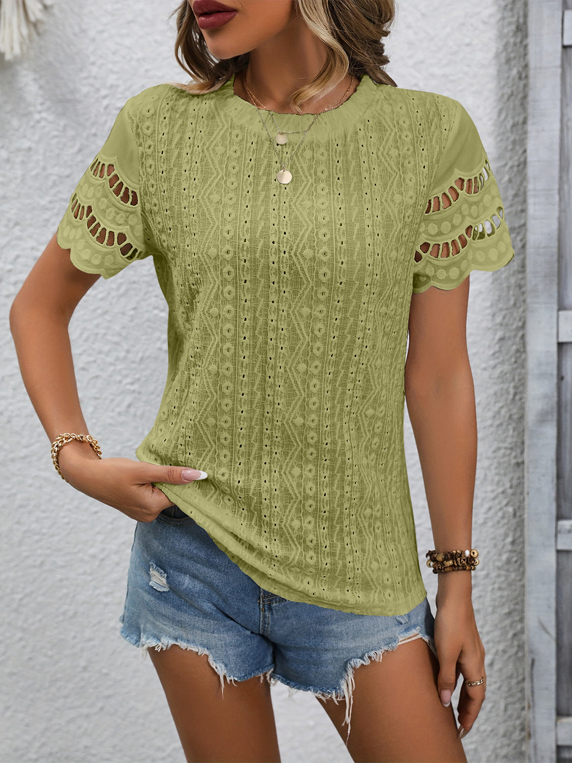 Eyelet Embriodery Round Neck Short Sleeve Top