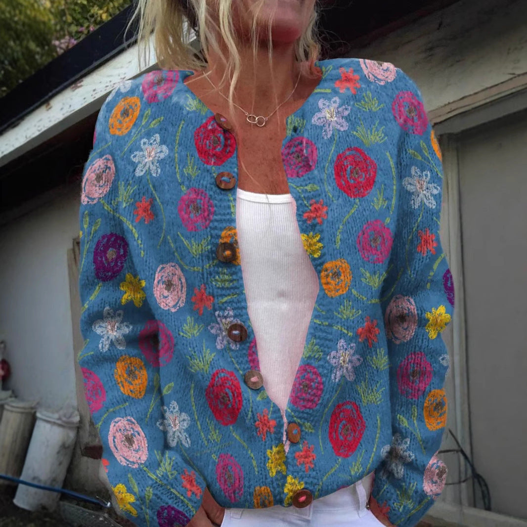 3D Flower Digital Effect Printing Knitted  Cardigan Knitted