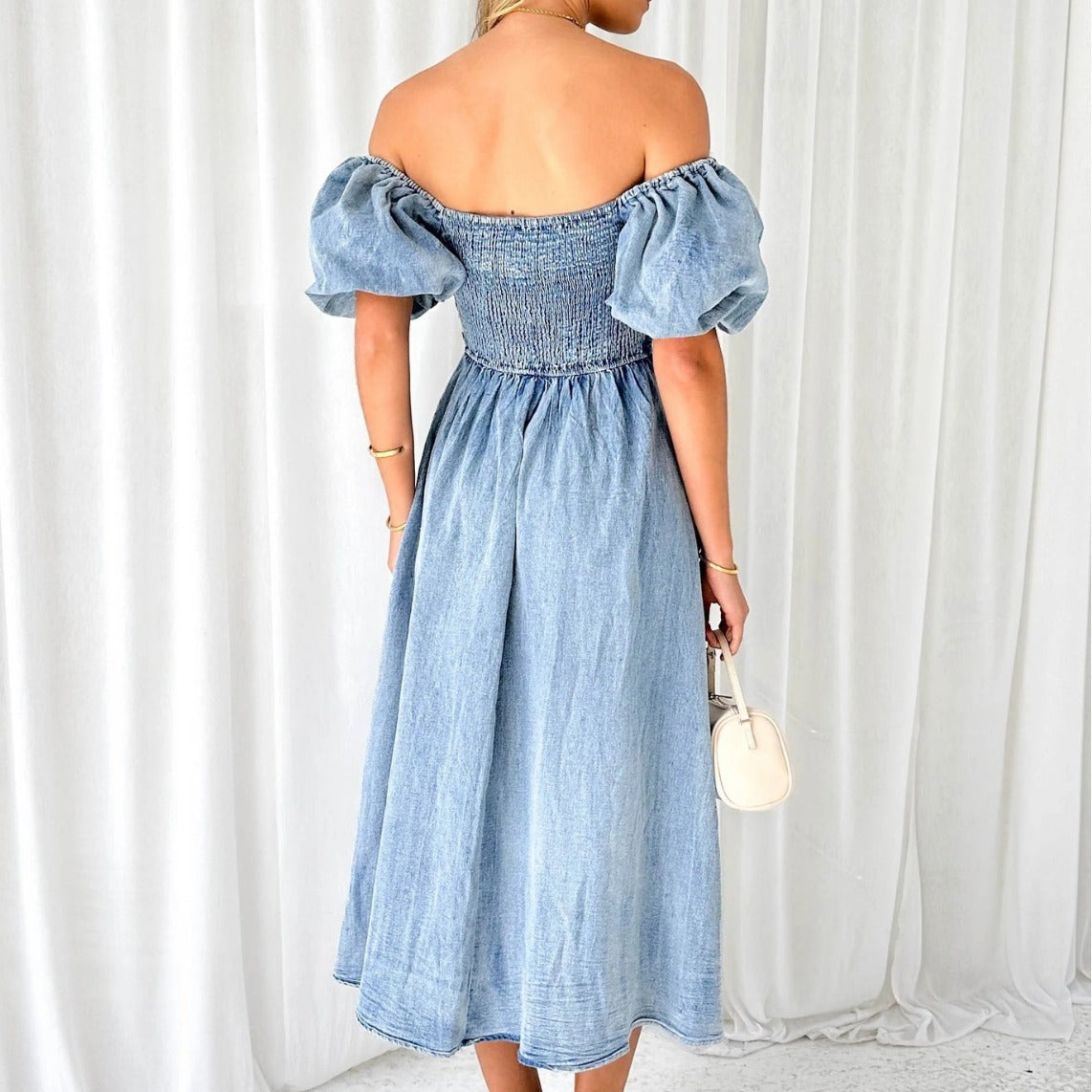 Denim Waist-tight Long Dress with Puff Sleeve