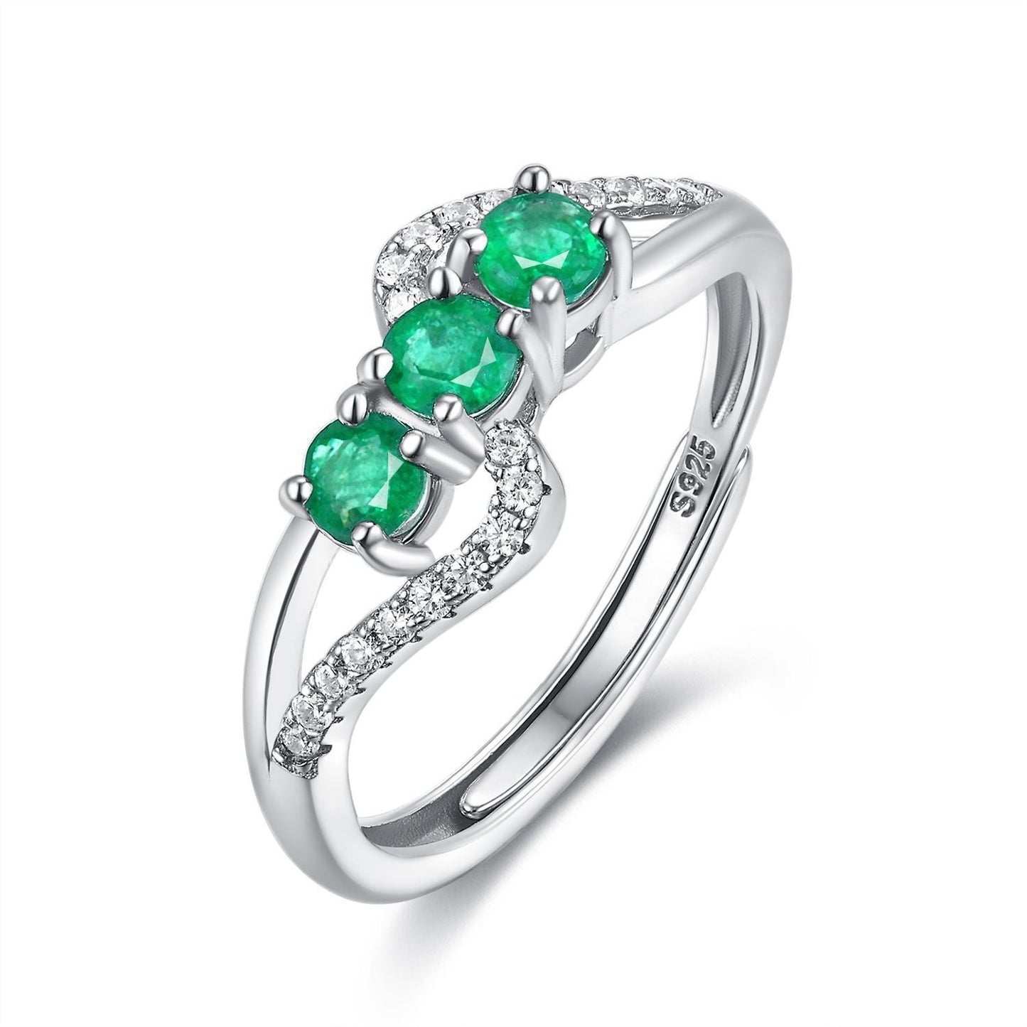 Classic 3 Stone Natural Emerald Ring 925 Sterling Silver - Fully Adjustable to Any Size.