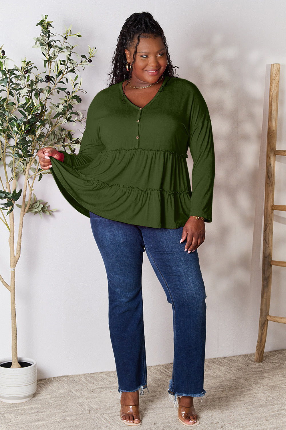 Comfy Ruffle Hem  Double Take Half Button Blouse & Long Sleeve