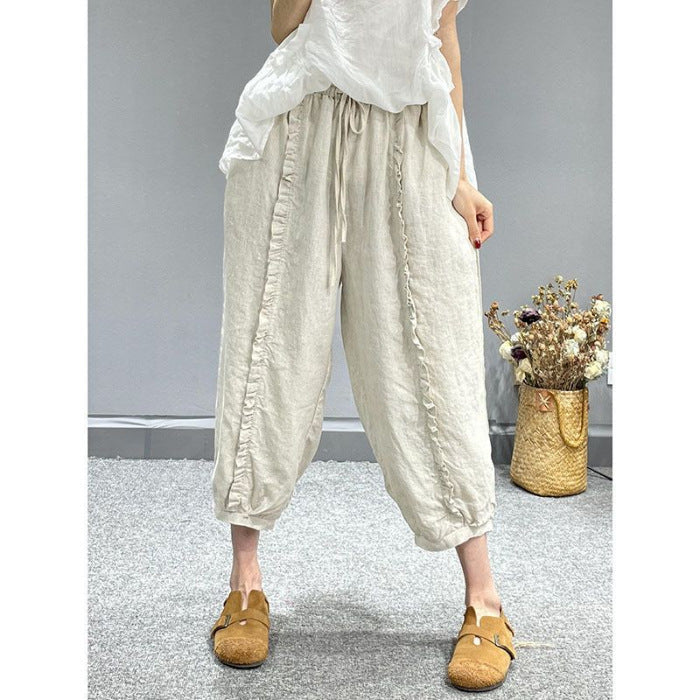 Washed Cotton And Linen Ear Tappered Harem Pants