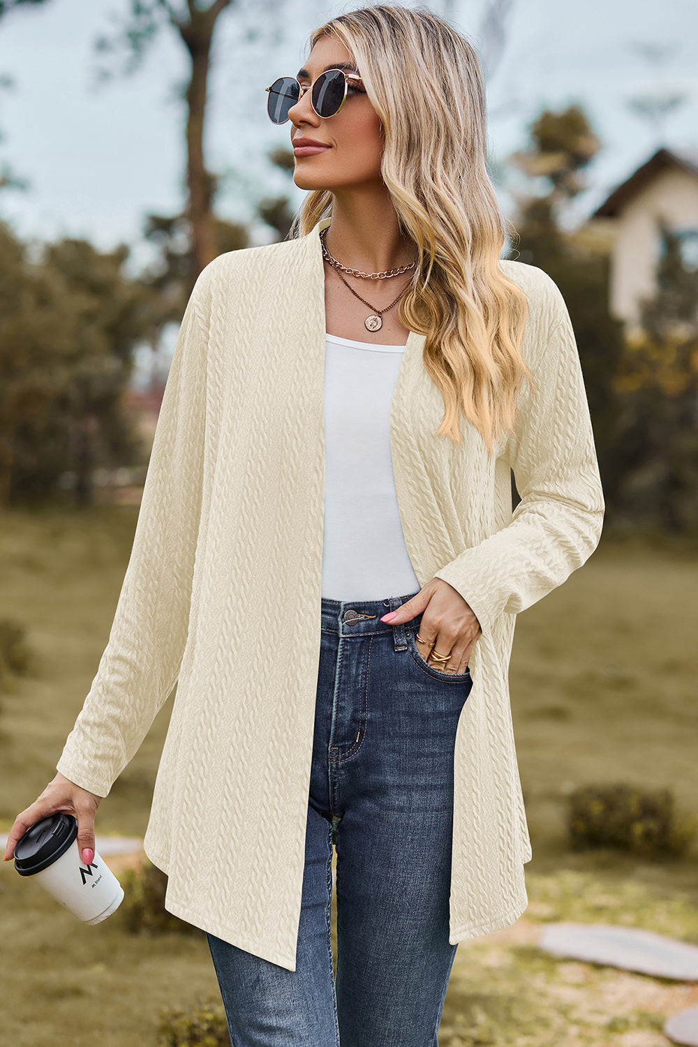 Classic Design Textured Open Front Long Sleeve Cardigan