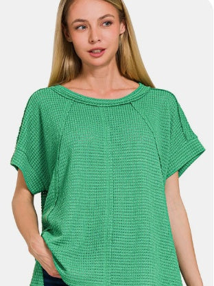 Green Waffle Exposed-Seam Short Sleeve T-Shirt
