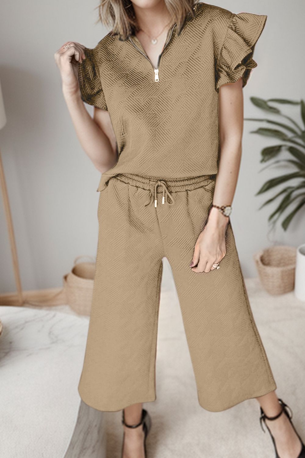 Ruffle Duo Quarter Zip Top and Drawstring Pants Set
