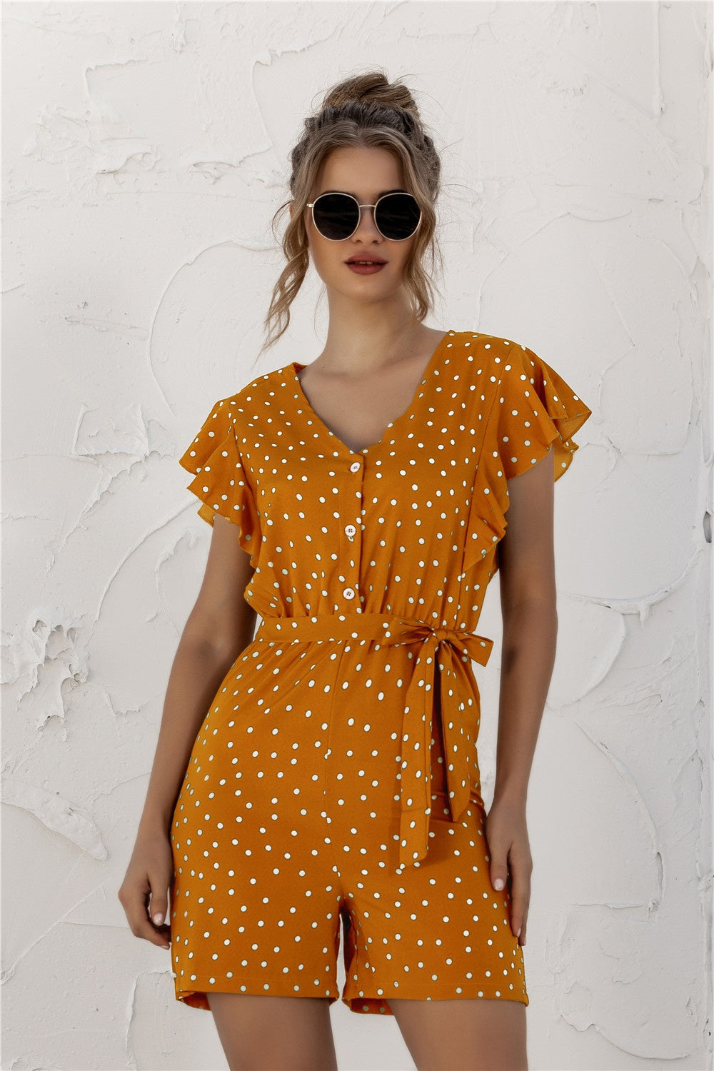 Dotty Vibes Ruffled Polka Dot Half Button Romper