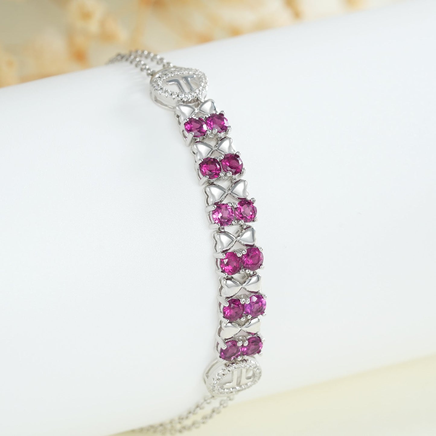 Genuine Purple Garnet Bracelet Interlaced with 925 Sterling Silver Hearts Accents.