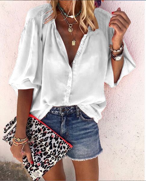 Plain Button Down V Neck Loose Shirt