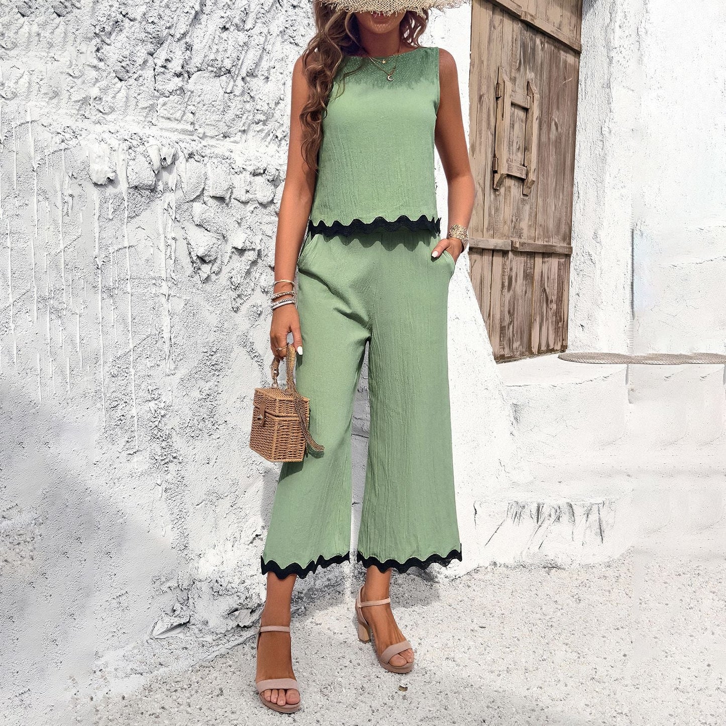 Wave Print Sleeveless Top And Straight Trousers