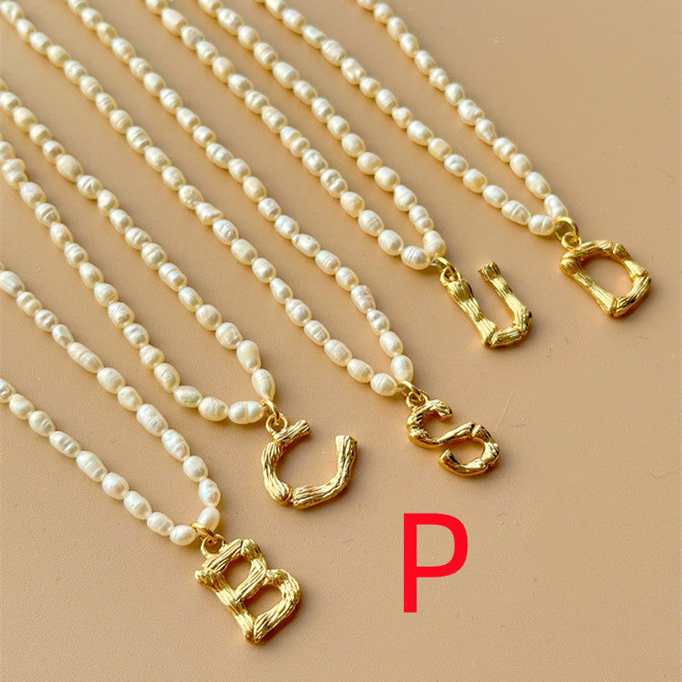 Custom Personalized Natural Freshwater Grain Pearl Letter Necklace Vintage Classic.