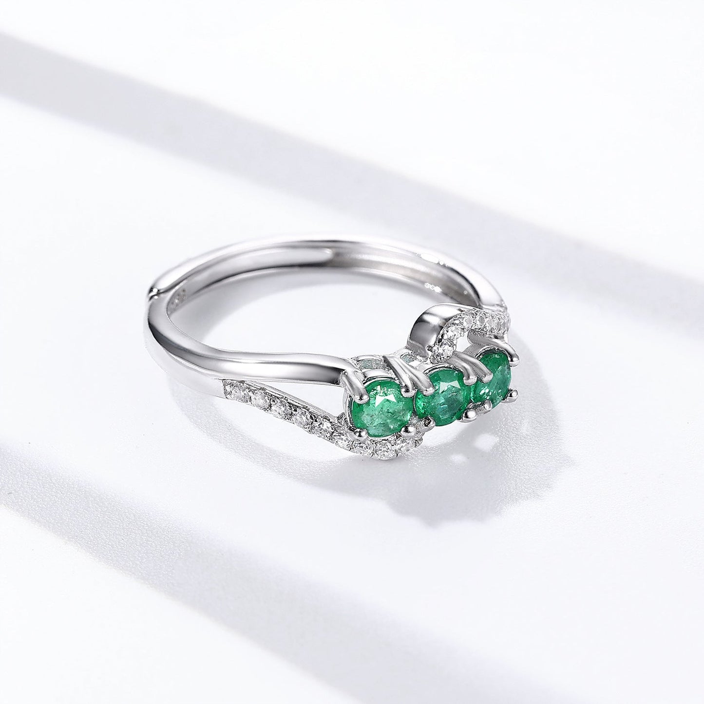 Classic 3 Stone Natural Emerald Ring 925 Sterling Silver - Fully Adjustable to Any Size.
