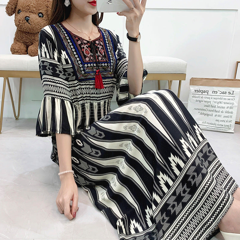 Artsy Crew Neck Ruffle Half Sleeve Silky Dress