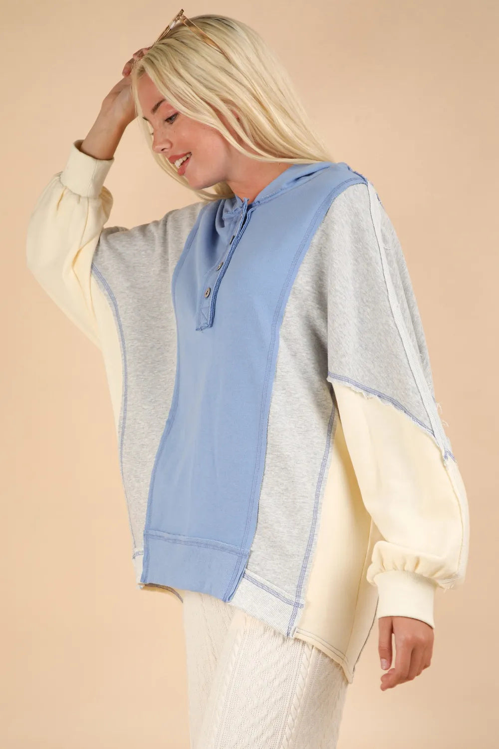 Creamy Blue Color Block Half Button Hoodie