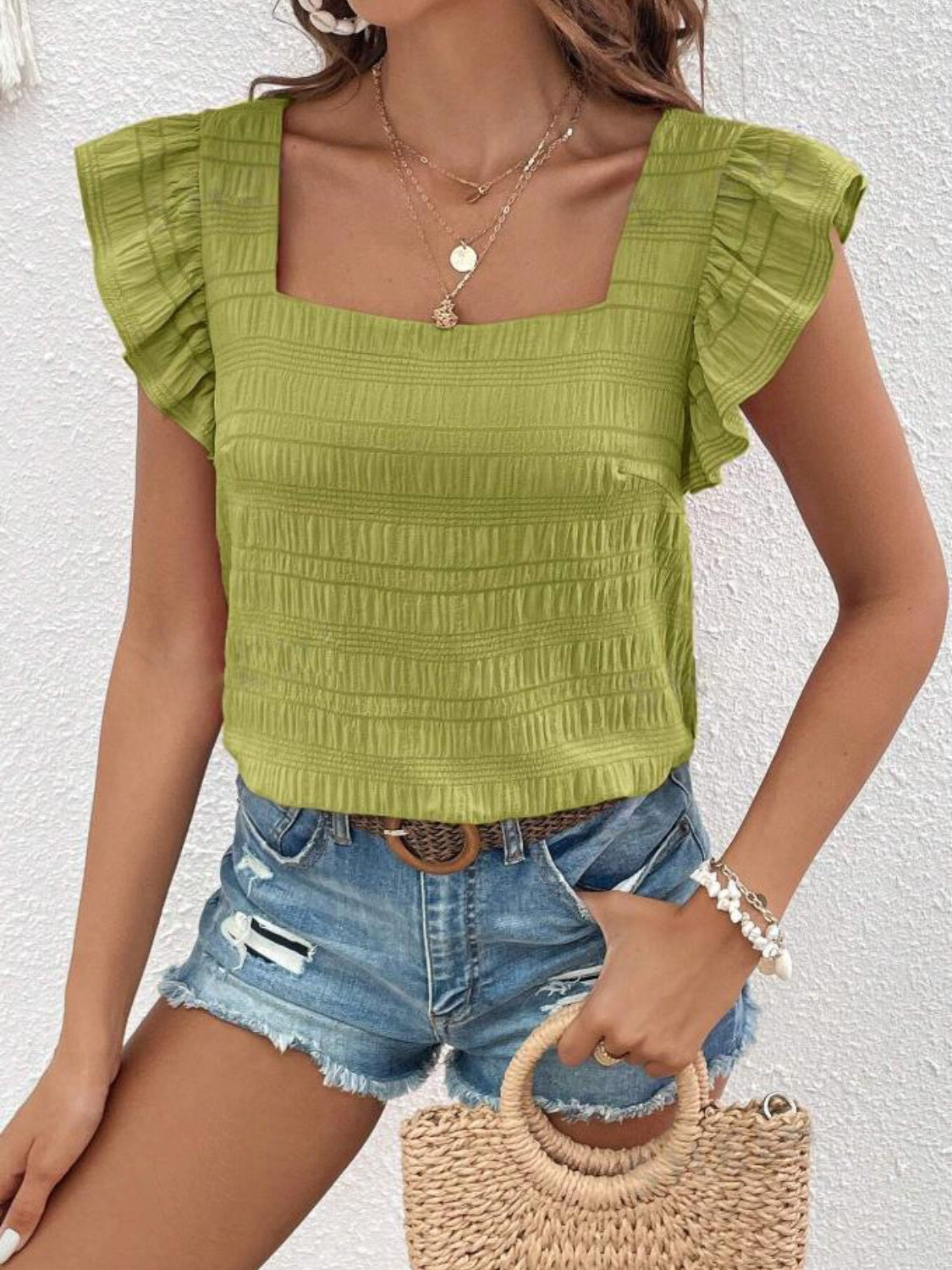 Ruffled Blouse with Square Neck & Cap Sleeve